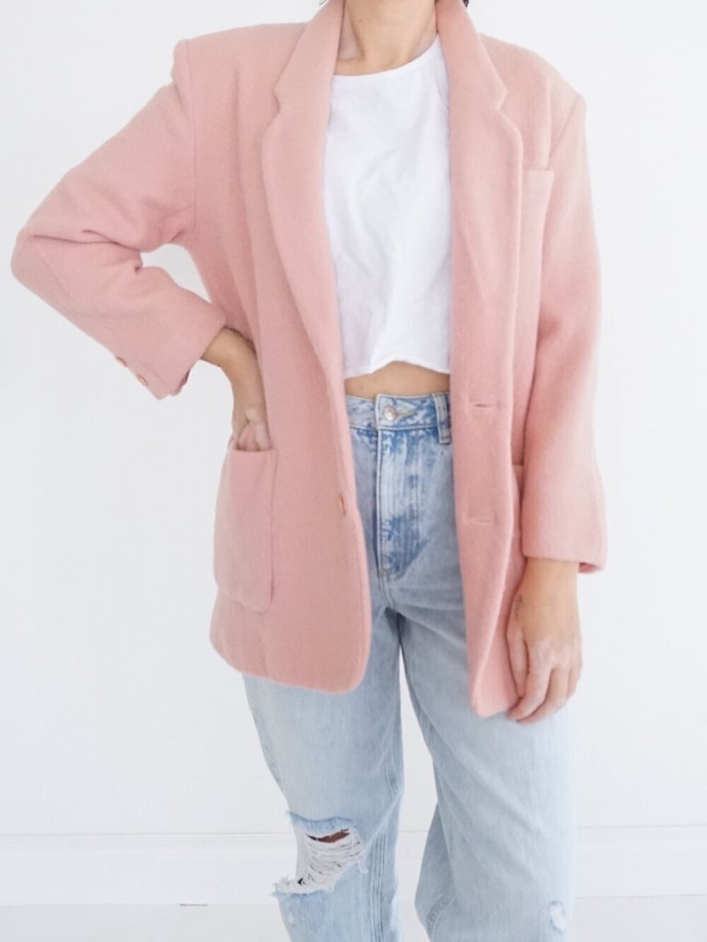Vintage Linda Robert Pink Wool Blend Minimal Tailored Button Blazer Jacket M